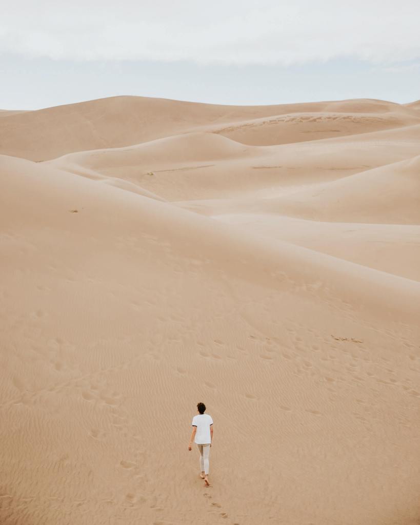 ce code décrit l'apparence d'une dune de sable et d'un homme marchant seul